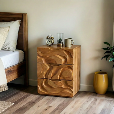 Textured Solid Wood Nightstand With Three Drawer Sculpted Front