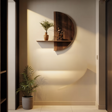 Natural Wood Wall Shelf with Sculptural Half Circle Panel