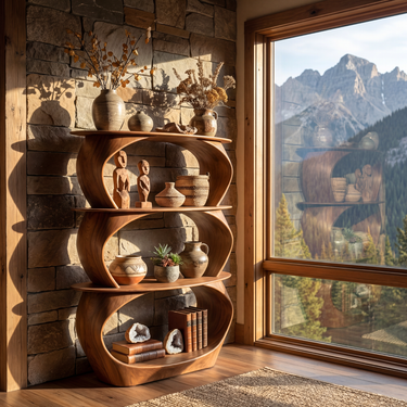 Rounded Solid Wood Bookshelf With Sculpted Open Frame Design