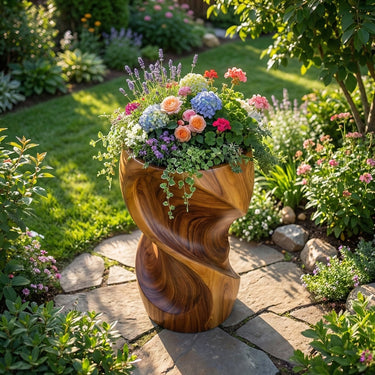 Artisan Carved Solid Wood Planter for Garden Pathway Decor