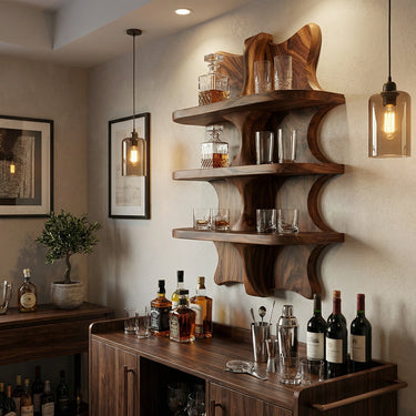 Solid Wood Wall-Mounted Whiskey Shelf with Modern Sculptural Design
