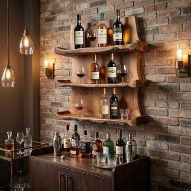 Rustic Solid Wood Wall-Mounted Wine Rack Shelf with Live Edge Design
