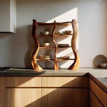 Natural Wood Sculptural Shelf Organizer with Organic Curved Form