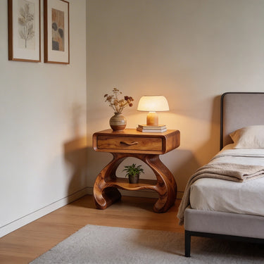 Solid Wood Nightstand Organic Sculptural Curved Base