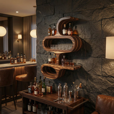 Modern Sculptural Solid Wood Wall Shelf for Whiskey & Glass Display
