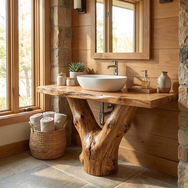 Rustic Solid Wood Vanity with Natural Tree Base for Bathroom