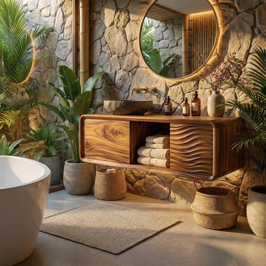 Textured Solid Wood Floating Vanity with Carved Wave Panel