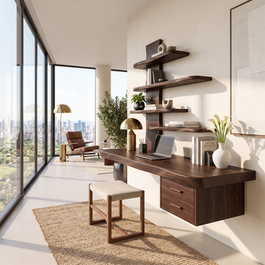 Floating Home Office Desk With Two Drawers And Four Tier Wall Shelf