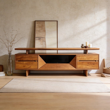 Elevated Shelf TV Console With Geometric Open Center