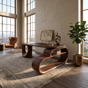 Modern Executive Desk With Sculptural Loop Base And Open Storage Shelf