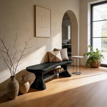 Organic Entryway Bench with Sculptural Base and Storage Shelf