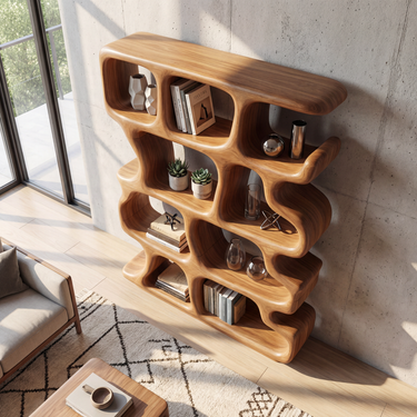 Coastal Solid Wood Bookshelf With Rounded Organic Grid Design