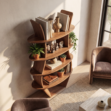 Curved Frame Solid Wood Bookshelf With Symmetrical Tiered Shelves
