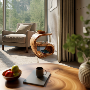 Curved Wood Side Table with Integrated Shelf and Open Storage