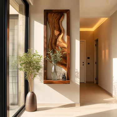 Vertical Natural Wood Wall Shelf with Sculptural Carved Panel