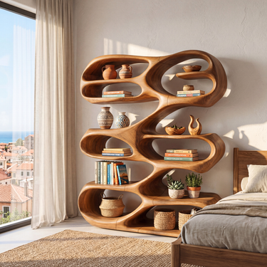 Organic Solid Wood Bookshelf With Fluid Interconnected Shelves