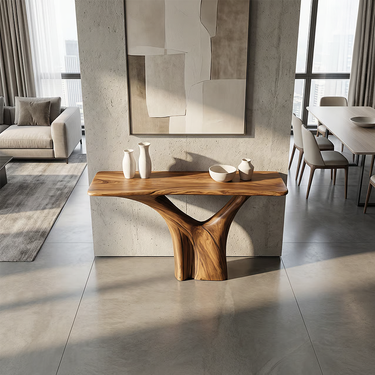 Sculptural Wood Console Table With Organic Cutout Base for Hallways