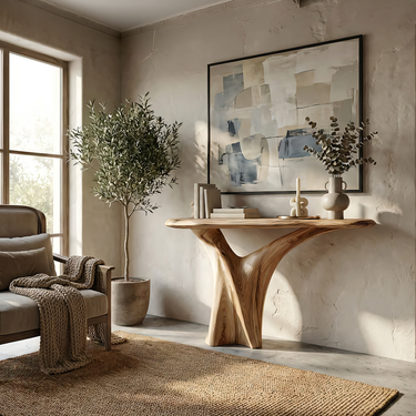 Sculpted Wood Console Table with Organic Pedestal Form