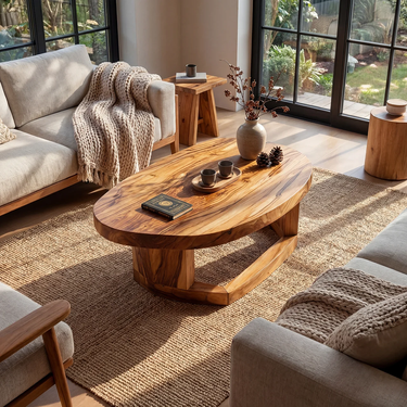Solid Wood Oval Coffee Table handcrafted Natural Wood Living Room Table with Sculptural Base