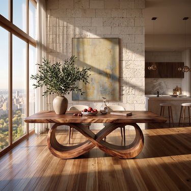 Contemporary Wood Dining Table With Interlocking Ribbon Pedestal