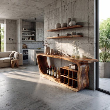Natural Wood Console Table With Curved Wine Display