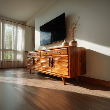 Natural Wood TV Console with Sculpted Front Panels and Drawer Storage