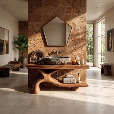 Sculptural Solid Wood Bathroom Vanity with Curved Storage Shelf For Christmas Bathroom