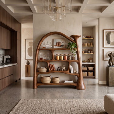 Organic Modern Wood Bookshelf With Open Shelves And Storage Drawers
