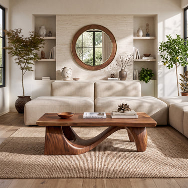 Live Edge Wood Coffee Table with Sculptural Arch Base and Open Shelf