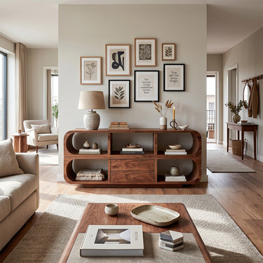 Rounded Frame Open Shelf Sideboard with Integrated Drawer Storage