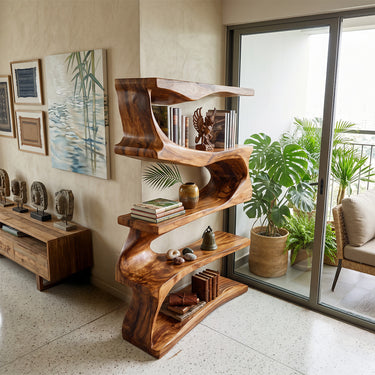 Natural Wood Bookshelf With Sculptural Wave Shelves