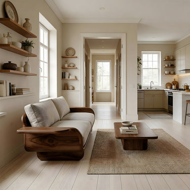 Curved Arm Sofa With Integrated Sculptural Wood Frame