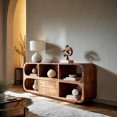Rounded Frame Open Shelf Sideboard with Integrated Drawer Storage