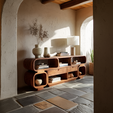 Modern Media Console With Curved Open Shelving and Drawers