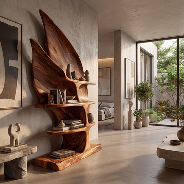 Leaf Form Wood Bookshelf With Open Display Shelves