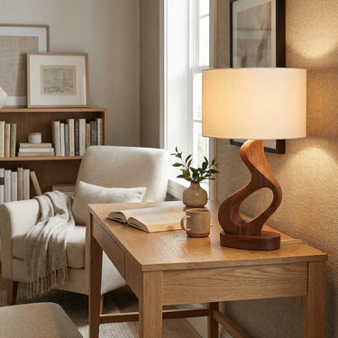 Handcrafted Wood Table Lamp with Flowing Sculptural Base
