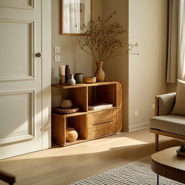 Modern Display Cabinet With Open Shelves and Drawers
