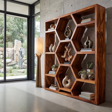 Geometric Wood Bookshelf With Honeycomb Display Shelves