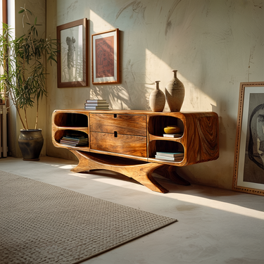 Modern Sideboard With Curved Open Shelving and Center Drawers