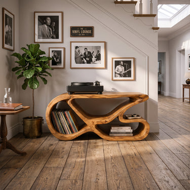 Wood Record Player Stand with Vinyl Storage Sculptural Console Table