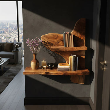 Asymmetrical Two-Tier Wall Shelf in Natural Wood with Sculptural Form