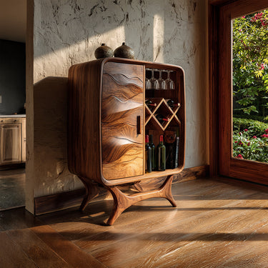 Carved Wood Wine Cabinet With Glassware Storage