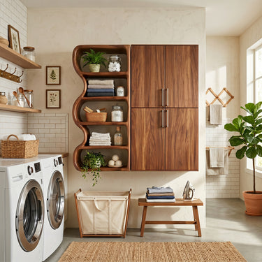 Natural Wood Bathroom Wall Cabinet With Curved Open Shelves