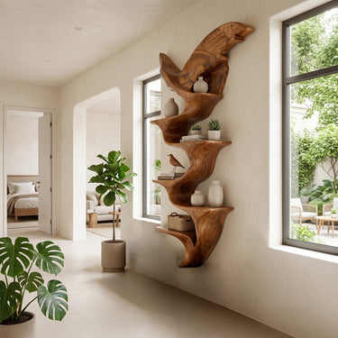 Wing Form Wood Wall Shelf With Sculptural Display