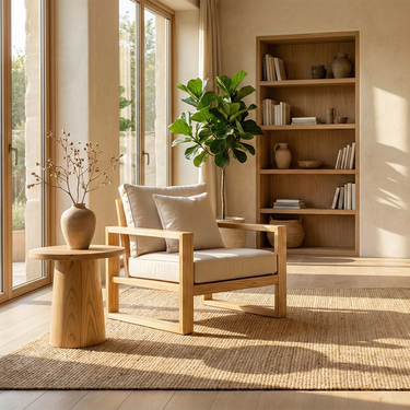 Natural Wood Accent Chair with Geometric Frame and Cushioned Seat