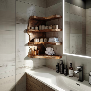 Corner Wall Shelf with Organic Curved Layers in Natural Wood