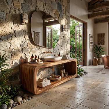 Natural Wood Floating Bathroom Vanity With Loop Shelf