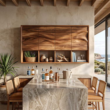 Natural Wood Bathroom Cabinet With Wave Doors And Open Cubbies