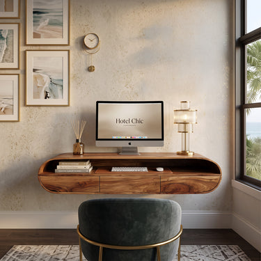 Curved Solid Wood Floating Desk with Drawer and Open Shelf