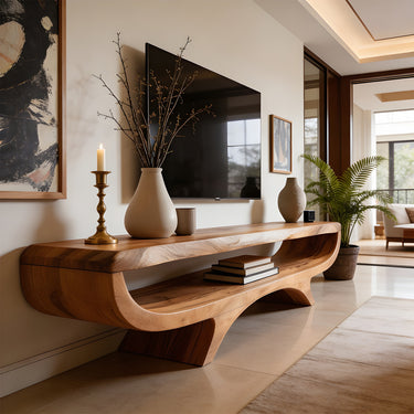 Natural Wood TV Console with Sculptural Curved Base and Open Shelf